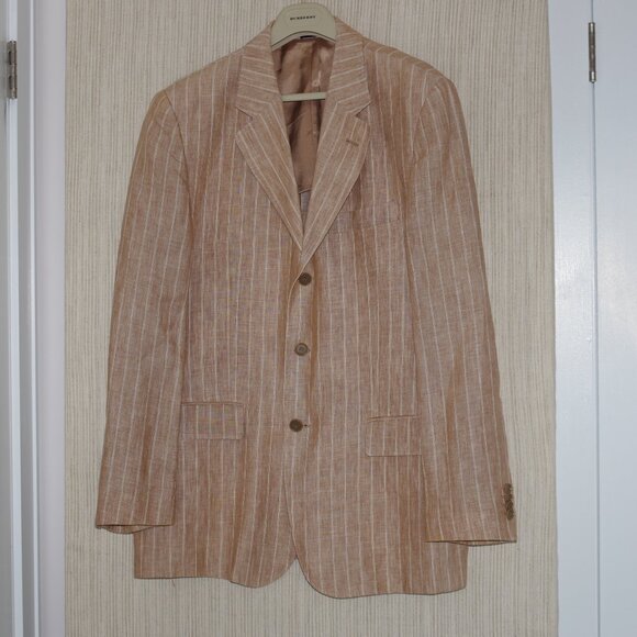 UOMO Italia Pure Linen Beige Striped 3 Button Blazer Men Size Italy 52